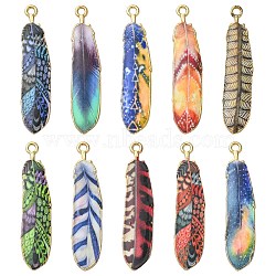 30Pcs 10 Styles Rack Plating Alloy Pendants, Printed, Lead Free & Cadmium Free & Nickel Free, Feather Charm, Light Gold, Mixed Color, 36.5x8x1.5mm, Hole: 1.8mm, 3pcs/style(ENAM-CJ0004-81)