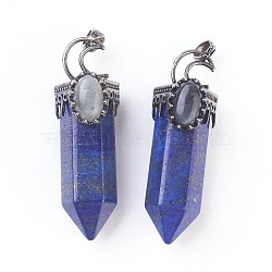 Natural Lapis Lazuli Big Pendants, Pointed Pendant, with Brass Findings and Oval Natural Labradorite Cabochons, Faceted, Bullet, Antique Silver, 60~62x20x23~24mm, Hole: 5.5x7mm(G-F639-05D)