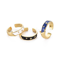 Real 16K Gold Plated Star & Moon Enamel Cuff Rings for Women, Brass Micro Pave Cubic Zirconia Open Rings, Cadmium Free & Nickel Free & Lead Free, Mixed Color, US Size 8 1/4(18.3mm)(RJEW-Q165-017-NR)