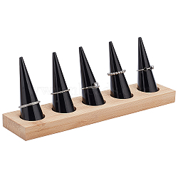 Arylic Ring Displays, with Sandy Brown Wood Base, Cone, Black, 4.5x20x1.4cm, 6pcs/set(RDIS-WH0011-07)