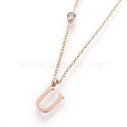 (Jewelry Parties Factory Sale)304 Stainless Steel Initial Pendant Necklaces, with Glass Rhinestone, Crystal, Rose Gold, Letter.U, 16.1~16.5 inch(41~42cm), Pendant: 11x5~8.5x1mm(NJEW-G321-04RG-U)