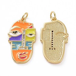 Brass Micro Pave Clear Cubic Zirconia Pendants, Real 18K Gold Plated, with Enamel and Jump Ring, Abstract Face Charms, Orange, 26x15x2mm, Jump Ring: 5x0.8mm, Inner Diameter: 3.2mm(KK-E068-VF021)