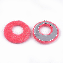 Faux Mohair Pendants, with Aluminum Bottom, Flat Round, Platinum, Light Coral, 43~44x40.5~41.5x4.5~5mm, Hole: 1mm(X-WOVE-S118-02N)