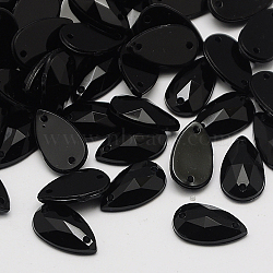 Sew on Rhinestone, Taiwan Acrylic Rhinestone, Two Holes, Garments Accessories, Faceted Teardrop, Black, 16x10x4mm, Hole: 1mm(ACRT-M015-10x16mm-01)