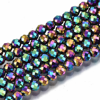 Rainbow Electroplate Non-magnetic Synthetic Hematite Beads Strands, Round, Faceted, Multi-color Plated, 3mm, Hole: 0.8mm, about 137~139pcs/strand, 15.55 inch~15.67 inch(39.5cm~39.8cm)