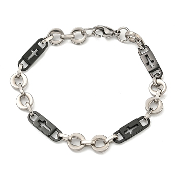 Two Tone 304 Stainless Steel Oval & Cross Link Chain Bracelet, Black, 8-7/8 inch(22.4cm), Wide: 9mm