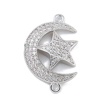 Rack Plating Brass Micro Pave Clear Cubic Zirconia Moon with Star Connector Charms, Long-Lasting Plated, Cadmium Free & Lead Free, Platinum, 25x16x3.5mm, Hole: 1.5mm