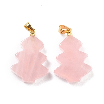 Natural Rose Quartz Pendants, with Golden Tone Brass Findings, Tree, 26~27x18.5~19x5.5mm, Hole: 5x4mm