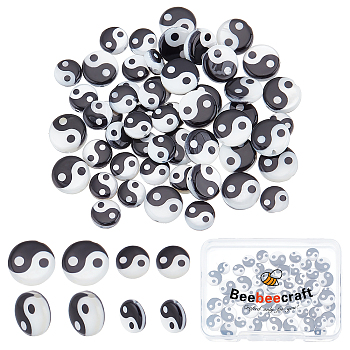 60Pcs 2 Styles Natural Freshwater Shell Printed Beads, Yin Yang Pattern, Black, White, 6~8x2.5mm, Hole: 0.7~0.9mm, 30pcs/style