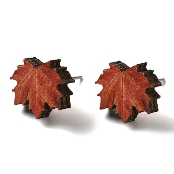 Wood Stud Earrings, with 316 Surgical Stainless Steel Pin, Thanksgiving Theme, Silver, Sienna, Leaf, 13x15mm