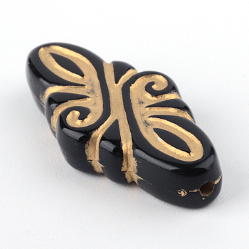 Rhombus Plating Acrylic Beads, Golden Metal Enlaced, Black, 30x14x5.5mm, Hole: 1mm, about 337pcs/500g
