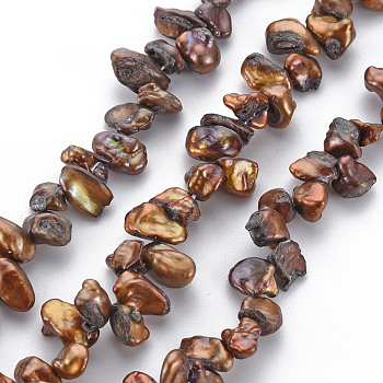 Natural Keshi Pearl Beads Strands, Cultured Freshwater Pearl, Dyed, Nuggets, Saddle Brown, 5~15x5~8x2~5mm, Hole: 0.5mm, about 65~84pcs/strand, 15.35 inch(39cm)