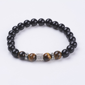 Natural Obsidian & Tiger Eye Stretch Bracelets, with Brass Cubic Zirconia Beads, Column, Platinum, 2-1/4 inch(56mm)