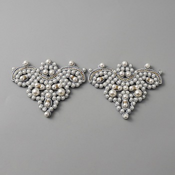 Felt Sew on Ornament Accessories, Rhinestone & Plastic Imitation Pearl Beaded Appliques, Silver, 97x120x13mm