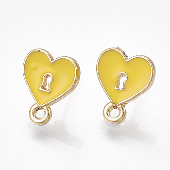 Alloy Stud Earring Findings, with Unplated Pins, Enamel and Loop, Heart Lock, Light Gold, Gold, 13x10.5mm, Hole: 1.5mm, Pin: 0.7mm