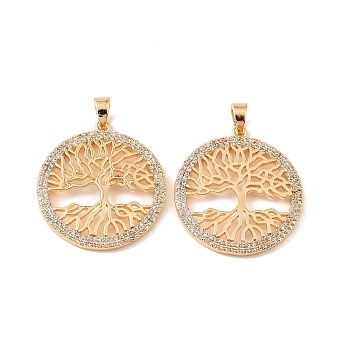 Brass & Clear Cubic Zirconia Pendants, Ring with Tree of Life Pattern Charms, Real 18K Gold Plated, 33x30x2.5mm, Hole: 6.5x4mm