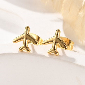 304 Stainless Steel Tiny Airplane Stud Earrings with 316 Stainless Steel Pins for Women, Golden, 8x8mm, Pin: 0.6mm