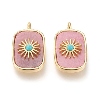 Natural Rhodochrosite & Synthetic Turquoise Pendants, with Real 18K Gold Plated Brass Findings, Long-lasting Plated, Rectangle with Sun, 27x16.8x6mm, Hole: 3mm