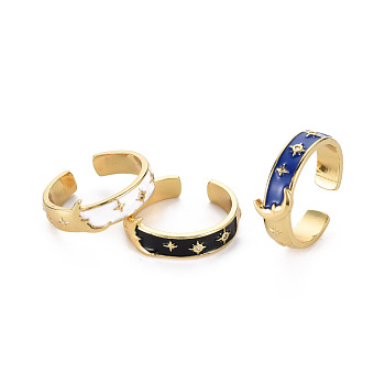 Real 16K Gold Plated Star & Moon Enamel Cuff Rings for Women, Brass Micro Pave Cubic Zirconia Open Rings, Cadmium Free & Nickel Free & Lead Free, Mixed Color, US Size 8 1/4(18.3mm)