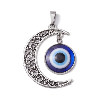 Blue Evil Eye Resin Pendants, Tibetan Style Alloy Hollow Moon Charms, Antique Silver & Platinum, 41x31x4mm, Hole: 7.5x3.5mm