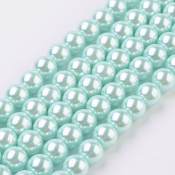 Eco-Friendly Glass Pearl Bead Strands, Round, Dyed, Cotton Cord Threaded, Pale Turquoise, 8mm, Hole: 1.2~1.5mm, about 52pcs/strand, 15.7 inch