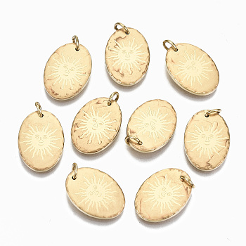 304 Stainless Steel Pendants, with Jump Rings, Oval with Sun, Real 14K Gold Plated, 17.5x12.5x2mm, Jump Ring: 5x0.8mm, 3.4mm inner diameter