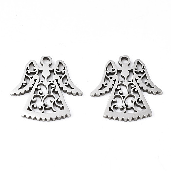 201 Stainless Steel Pendants, Laser Cut, Angel, Stainless Steel Color, 15.5x15.5x1mm, Hole: 1.4mm