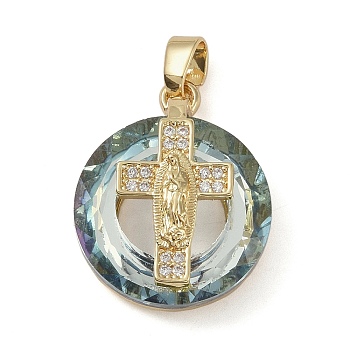 Brass Micro Pave Cubic Zirconia with Glass Pendents, Long-Lasting Plated, Cross, Azure, 25x20x10mm, Hole: 6x3mm