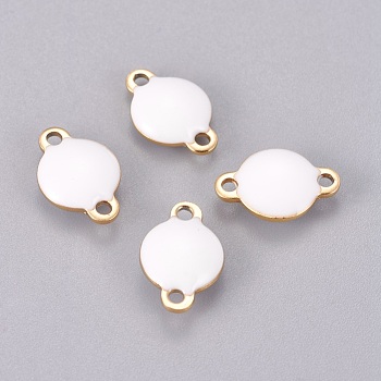 Ion Plating(IP) 304 Stainless Steel Enamel Links connectors, Enamelled Sequins, Flat Round, Golden, White, 12x8x4mm, Hole: 1.4mm