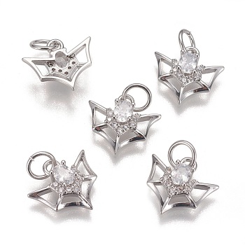 Brass Micro Pave Cubic Zirconia Charms, Long-Lasting Plated, Bat, Clear, Platinum, 11x12.5x4mm, Hole: 3.5mm
