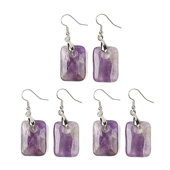 Natutal Amethyst Dangle Earrings, with Rack Plating Brass Earring Hooks, Lead Free & Cadmium Free, Rectangle, 49x18mm