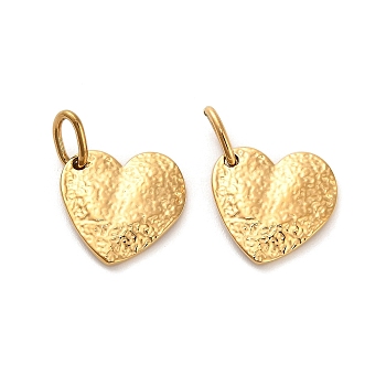 304 Stainless Steel Charms, with Jump Ring, Textured, Heart Charm, Ion Plating(IP), Real 14K Gold Plated, 13x13.5x1.5mm, Hole: 5x2.5mm