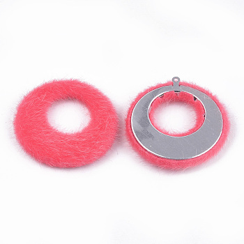 Faux Mohair Pendants, with Aluminum Bottom, Flat Round, Platinum, Light Coral, 43~44x40.5~41.5x4.5~5mm, Hole: 1mm