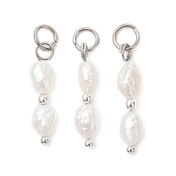 Natural Baroque Keshi Pearl & Electroplate Synthetic Non-magnetic Hematite Beaded Pendants, Nuggets Charms, Floral White, Stainless Steel Color, 18.5~20x4.5x3.5mm, Jump Ring: 4.8x0.8mm, Inner Diameter: 3.2mm