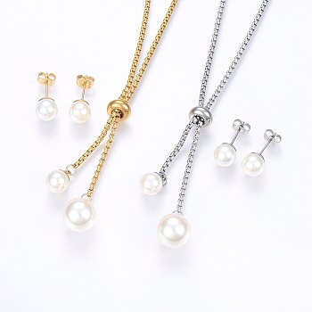 304 Stainless Steel Jewelry Sets, Slider Necklaces and Stud Earrings, with Acrylic Imitation Pearl, Round, Mixed Color, Necklace: 23.62 inch(60cm), 2mm, Earrings: 20x8mm, Pin: 0.8mm