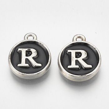 Alloy Enamel Charms, Flat Round with Letter, Platinum, Black, Letter.R, 14x11.5x2.5mm, Hole: 1mm