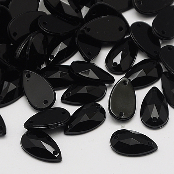 Sew on Rhinestone, Taiwan Acrylic Rhinestone, Two Holes, Garments Accessories, Faceted Teardrop, Black, 16x10x4mm, Hole: 1mm