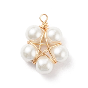 Glass Pearl Pendants, with Copper Jewelry Wire, Flower, Real 18K Gold Plated, 32.5~33x25x9.5~10.5mm, Hole: 3.5mm