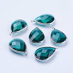 Brass Glass Pendants, Faceted, teardrop, Platinum, Teal, 29x19x7mm, Hole: 2.5mm(GLAA-G054-01P)