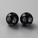 Spray Painted Wood Beads, for Jewelry Making, Round with Paw Print, Black, 15.5mm, Hole: 3.8~4mm(WOOD-WH0030-64F)
