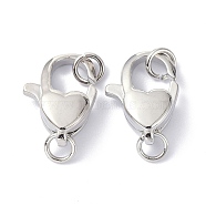 Eco-Friendly Brass Lobster Claw Clasps, with Jump Ring, Heart, Platinum, 16x11.5x5.4mm(KK-C221-05P)