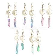 Moon & Star Brass Dangle Earrings, Dyed Natural Quartz Crystal Nugget Long Drop Earrings, Mixed Color, 61~83x16.5mm(EJEW-JE05460)