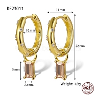 Real 18K Gold Plated 925 Sterling Silver Dangle Hoop Earrings, Rectangle Cubic Zirconia Drop Earrings, with S925 Stamp, Sandy Brown, 22x13mm(NQ5961-3)