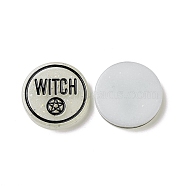 Halloween  Resin Cabochons, with Glitter Powder, Flat Round with Word Witch, White, 29.5x5mm(RESI-G055-04B)