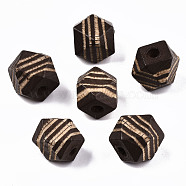 Painted Natural Wood Beads, Laser Engraved Pattern, Faceted, Polygon with Zebra-Stripe, Coconut Brown, 12x12x12mm, Hole: 3mm(WOOD-T021-52B-02)