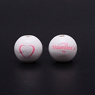 Printed Wood European Beads, Large Hole Beads, Round with Heart and Word Happy Valentine's Day Pattern, Dyed, White, 16x15mm, Hole: 5mm(WOOD-TAC0013-01)