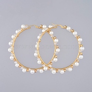 Beaded Hoop Earrings, with White Glass Pearl Beads and 304 Stainless Steel Hoop Earrings Findings, Clear Glass Beads and Brass Beads, Ring, Golden, 76mm, Pin: 0.8mm(EJEW-JE03804)