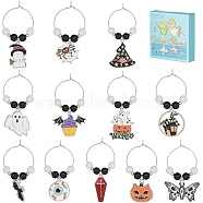 12Pcs Halloween Theme Alloy Enamel & Glass Imitation Jade Beaded Wine Glass Charms, with Brass Rings, Ghost with Broom/Cat Pumpkin/Coffin with Cross, Mixed Color, 48~60mm(AJEW-SC0002-08)