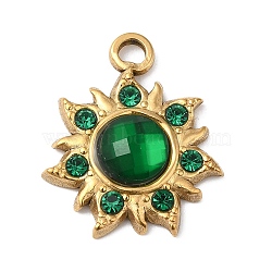 Real 18K Gold Plated 304 Stainless Steel Pendants, with Glass, Sun Charms, Green, 24.5x20.5x5~6mm, Hole: 2.5mm(STAS-A084-22G-02)