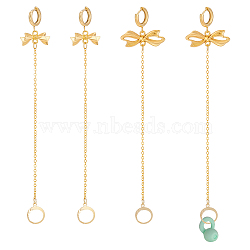 2Piar 201 & 304 Stainless Steel Hoop Earrings, with Brass Chains and Alloy Pendants, Bowknot, Golden, 142~144mm(EJEW-WR00004)